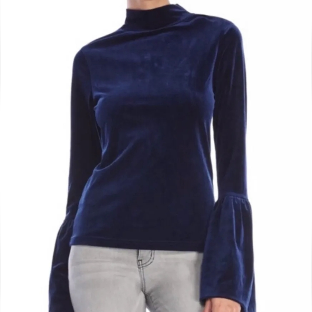 Torn by Ronny Kobo navy blue velvet mock neck bell sleeve shirt
